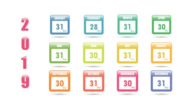 Renkli vektör takvim 2019 bir aydaki gün sayısı ile için. Vektör çizim