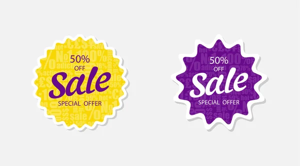 Venda Dois Adesivos Desconto Oferta Especial Bandeiras Venda Cor Violeta — Vetor de Stock