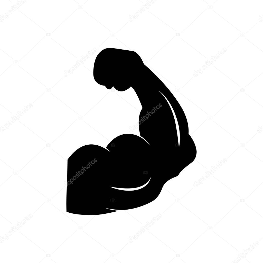 Black muscle icon. Strong power icon. Biceps icon. Muscle arms vector icon. Eps10