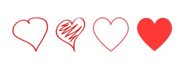 Kırmızı kalpler simgeler farklı tasarım. Aşk sembolü. Kalp elle çizilmiş. İçini kaplamak çizmek. Tasarım Sevgililer günü için kalp simgeler. Eps10