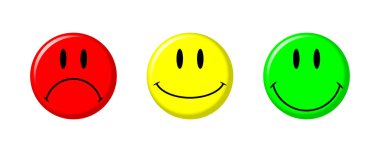 Üç renkli emoji farklı ruh hali ile. Kötü, güzel ve serin ruh hali. Eps10