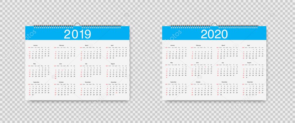 Vector Calendar of 2019 and 2020 years. Template Loose-leaf Calendars for 2019 and 2020 with pointers holidays. Week starts on Sunday. Eps10