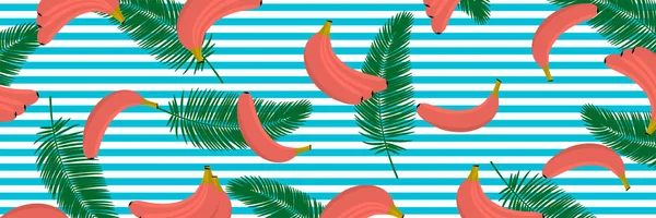Plátano Color Coral Con Fondo Liaves Tropicales Patrón Sin Costuras — Vector de stock