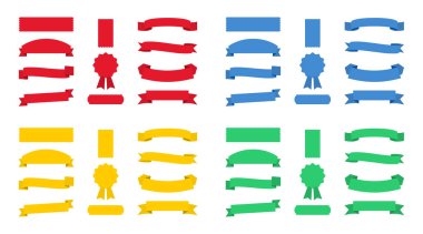 Kırmızı, mavi, sarı ve yeşil renkli kurdeleler afiş kümesi. Boş şeritler afiş