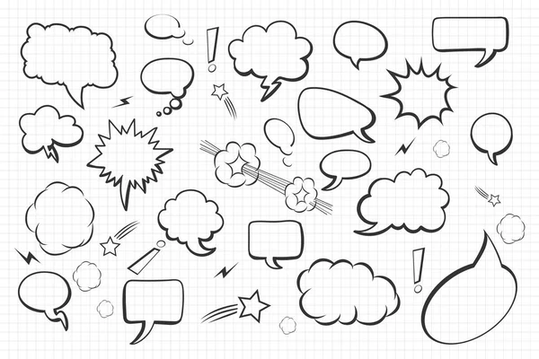 Conjunto de burbujas de voz dibujadas a mano vacías en blanco. Juego de vectores Comic Speech Bubbles — Archivo Imágenes Vectoriales