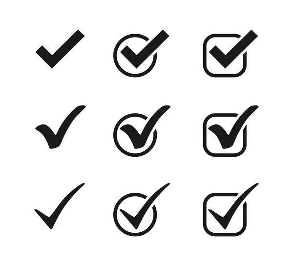 Três ícones de marca vetorial preto em círculos e quadrados. Verificar ícones de marca. Coleção marcas de verificação pretas —  Vetores de Stock