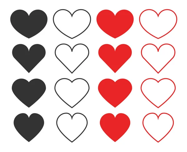 Iconos del corazón. Colección de diferentes iconos de corazones rojos y negros en diseño plano y lineal — Vector de stock