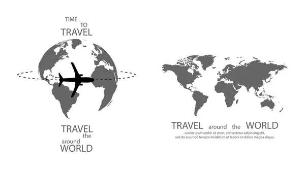 ポスター、バナーや旅行会社のロゴ。ポスターまたは横断幕を旅行します。背景に地球地図 — ストックベクタ