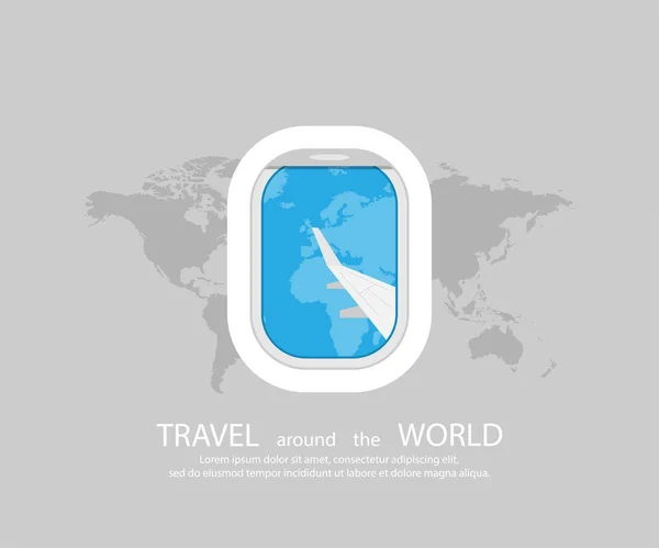 Ilustração de viagem. Cartaz de viagem ou banner. Vista da janela do avião. Mapa da Terra em segundo plano —  Vetores de Stock