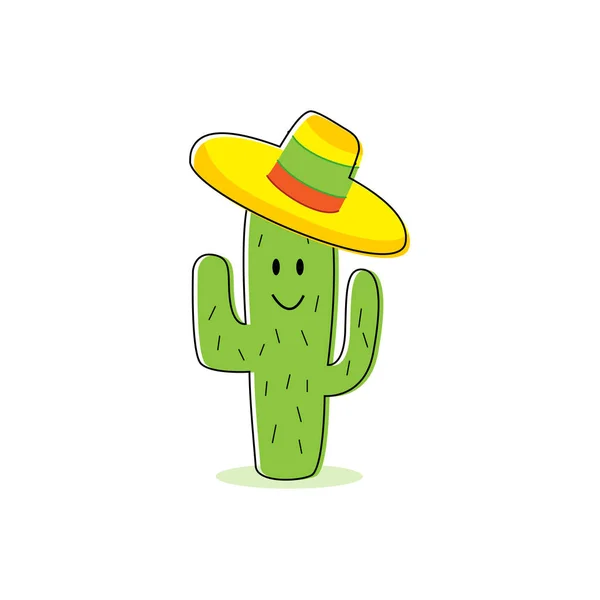 Kaktus postać z kreskówki. Na białym tle Kaktus z szczęśliwy twarz i kolorowe mexican hat — Wektor stockowy