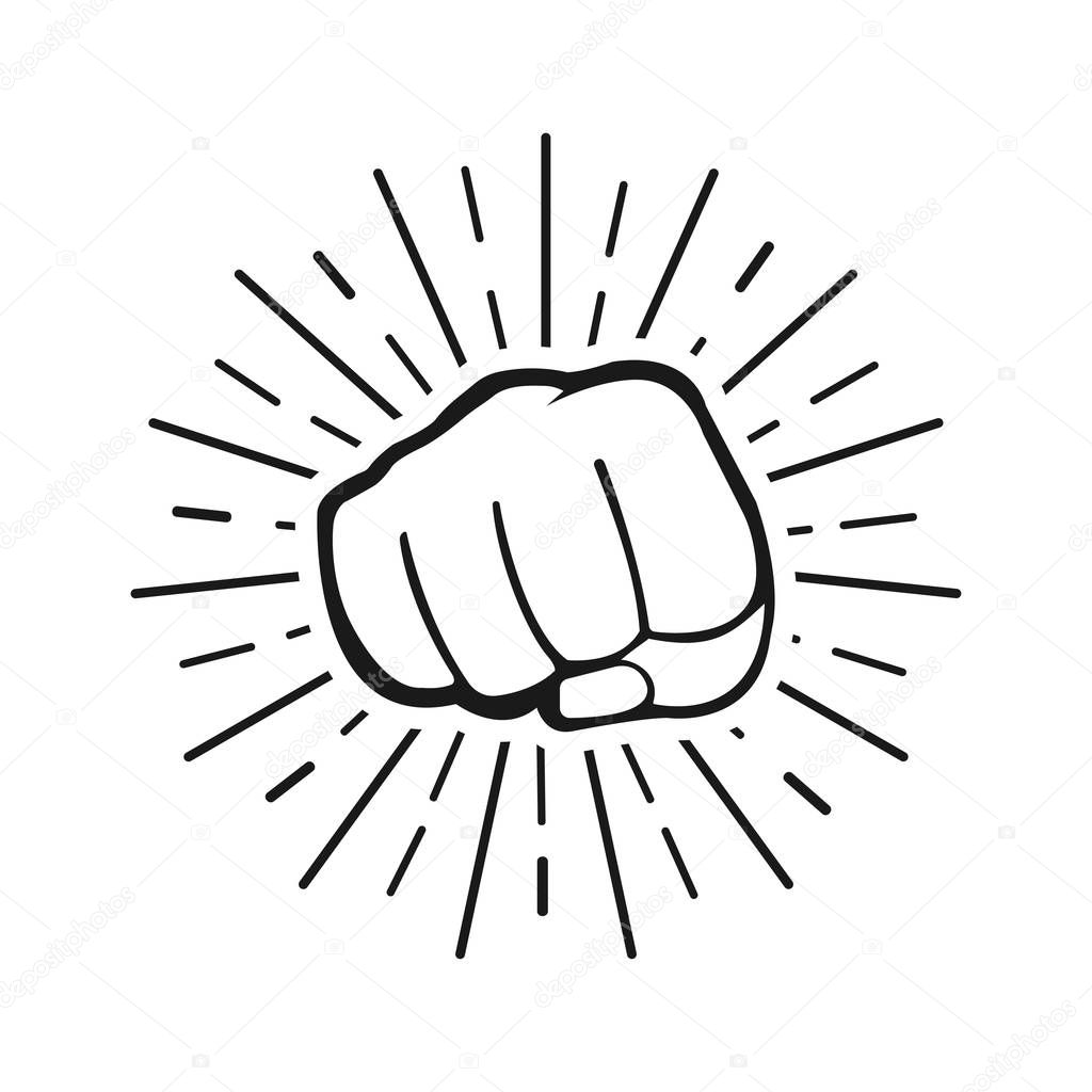 Fist blow with sun rays in flat design. Fist blow icon