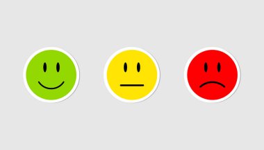 Üç çıkartmaları emoji. İfadeler yeşil, sarı ve kırmızı renk. Geri bildirim kavramı. Düz tasarım