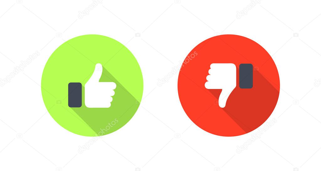 Like and dislike with shadow in circles, flat design. Thumb up anddown icons