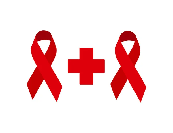 Dwa czerwone wstążki z czerwony krzyż medycznych na puste tło płaska — Wektor stockowy