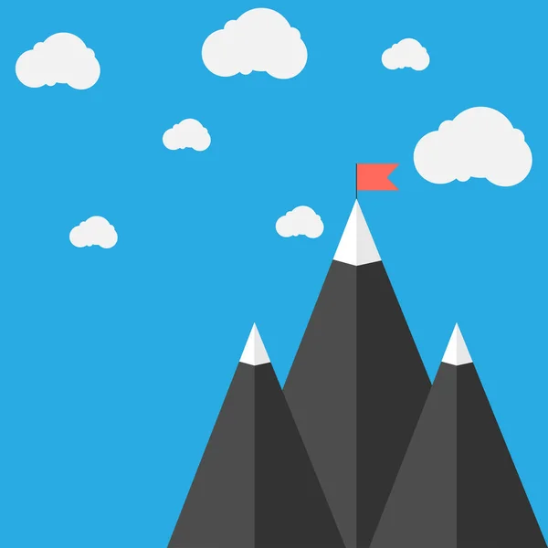 Große Berge mit Schnee, roter Fahne und weißen Wolken vor blauem Hintergrund. Vektorillustration — Stockvektor
