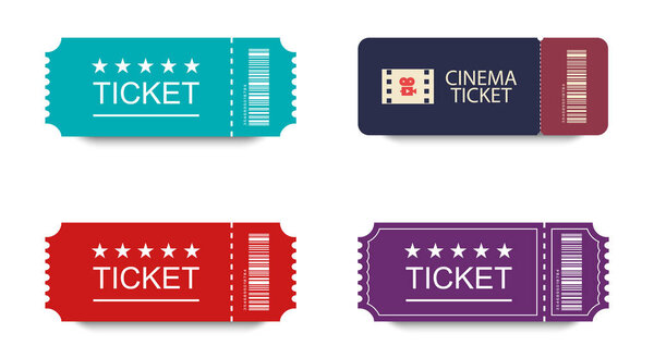 Collection Tickets in flat design with shadow on white background. Ticket icons. Colorful Tickets. Coupon set