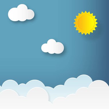Sarı güneş ve beyaz bulutlar kağıt sanatı. Bulutlar ve güneş kağıt sanat tasarımı ile gökyüzü. Yaz afiş