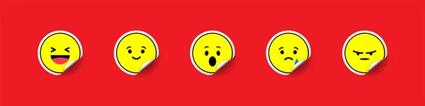 Emoji наклейки колекції. Жовта етикетка emojis на червоному фоні. Emoji тег з тінню. Наклейка етикетки. Мітка етикетки — стоковий вектор