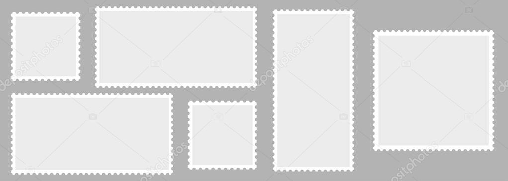 Light Postage Stamps collection. Blank Postage Stamps on gray background. Postage Stamps in flat design