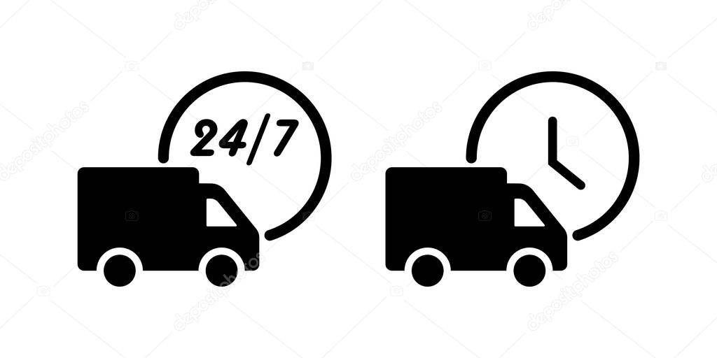 Delivery icons 24 on 7. Taxi icons. Transportation delivery 24 on 7 hours. Big cars icons in black color