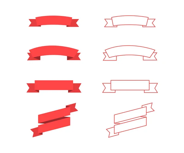 Czerwone wstążki banery w modnej konstrukcji płaskich i linii. Transparenty wstążki ikony wektorowe — Wektor stockowy