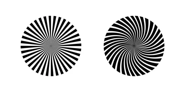 Deux icônes de rayons solaires noirs isolées sur fond blanc. Icônes solaires en cercle et en spirale — Image vectorielle