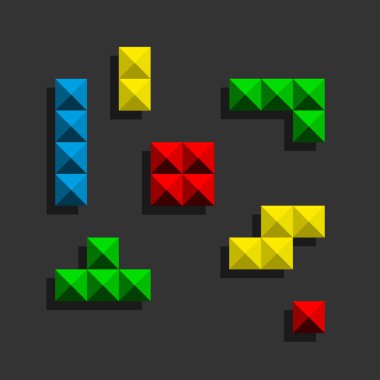 Siyah gölge ile Oyun Tetris Piksel Tuğla Parçaları. Oyun Tetris Piksel Tuğlalar