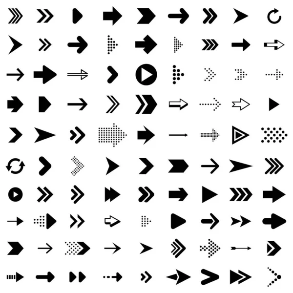 화살표. 화살표 검은 색 아이콘입니다. 화살표 검은 색 벡터 아이콘입니다. 검은 색 화살표의 큰 세트 — 스톡 벡터