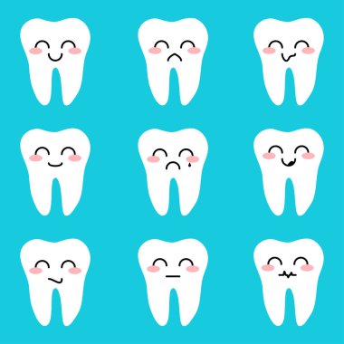 Farklı emoji ile diş seti. Komik ve hüzünlü ifadeler dişler