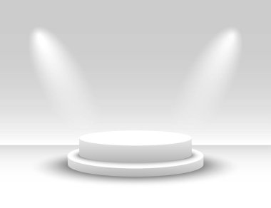 Beyaz Yuvarlak Podyum. Beyaz Yuvarlak Kaide. Kazanan podyum spot ışıkları ile aydınlatılmış. Sahne. Vektör