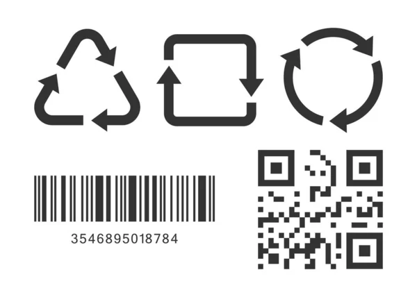 Tres iconos vectoriales de reciclaje con código de barras y código QR aislados sobre fondo blanco — Vector de stock