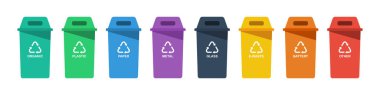 Ayrılık kavramı. Beyaz arka plan da yalıtılmış, trendy düz tarzda renk geri dönüşüm kutusu simgeleri kümesi. Yeşil mavi mor siyah sarı turuncu ve kırmızı geri dönüşüm kutuları ile geri dönüşüm sembolü. Vektör
