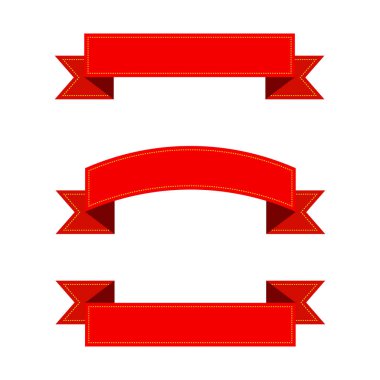 Sarı çizgileri olan kırmızı kurdeleler. Noel kırmızı kurdeleler beyaz arka plan üzerinde izole. Trendy düz noel tasarımı üç kırmızı kurdelekoleksiyonu. Boş Noel bayrakları. tasarım için afiş