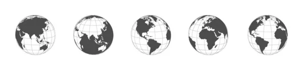 Ícones do globo terrestre colocados em uma fileira. Vista panorâmica. Ícones escuros do globo terrestre isolados em fundo branco. Globo da Terra em design plano — Vetor de Stock
