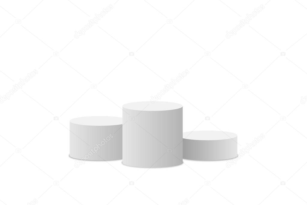 White podium. Winner pedestal. Scene. Empty 3d mockup style design of minimalist contest. Cylinder podium isolated on white background. Vector