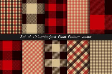 10 Lumberjack ekose desen ayarlayın. Oduncu ekose ve bufalo kontrol desenleri. Oduncu ekose tartan ve gingham desenleri. Vektör çizimi
