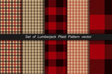 Lumberjack ekose desen seti. Oduncu ekose ve bufalo kontrol desenleri. Oduncu ekose tartan ve gingham desenleri. Vektör çizimi