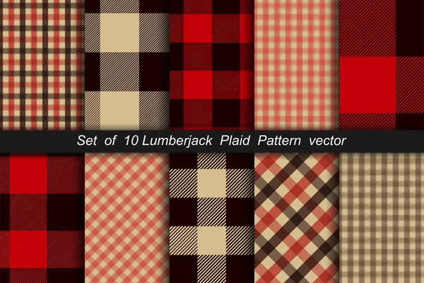 Set of 10 Lumberjack plaid pattern. Lumberjack plaid and buffalo check patterns. Lumberjack plaid tartan and gingham patterns. Vector illustration — Stock Vector