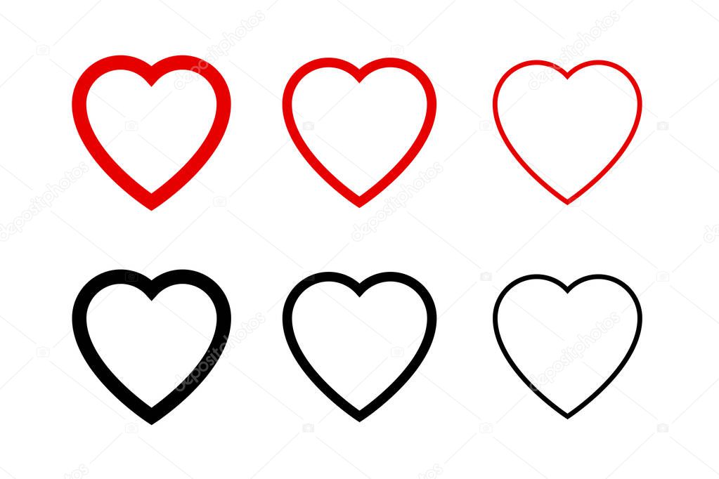Hearts collection icons. Heart and Like icons. Concept of love. Love symbols. Set of hearts in trendy simple flat and line design. Heart isolated on white background. Outline Love vector signs. Eps10