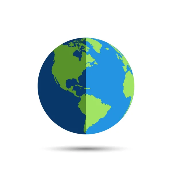 Εικόνα της Γης σε μέρα και νύχτα. Γήινη σφαίρα διανυσματική εικόνα με σκιά, απομονωμένη σε λευκό φόντο. Παγκόσμιος χάρτης σε μοντέρνο απλό επίπεδο σχεδιασμό. Εικονίδιο Πλανέτα Γη. Σύμβολο σφαίρας. Παγκόσμιος χάρτης απομονωμένος — Διανυσματικό Αρχείο