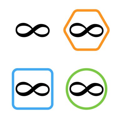 Sonsuzluk sembolleri koleksiyonu, izole edilmiş. Sonsuz simgeler. Sonsuzluk döngüsü logoları düz tasarımda siyah renk. Sonsuz, sınırsız, sonsuz döngü logosu, vektör simgeleri. Vektör illüstrasyonu