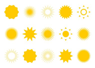 Güneş. Güneş ışınları toplayıcı vektör simgeleri. Güneş simgeleri koleksiyonu, izole edilmiş. Düz dizayn ışınları. Vektör illüstrasyonu