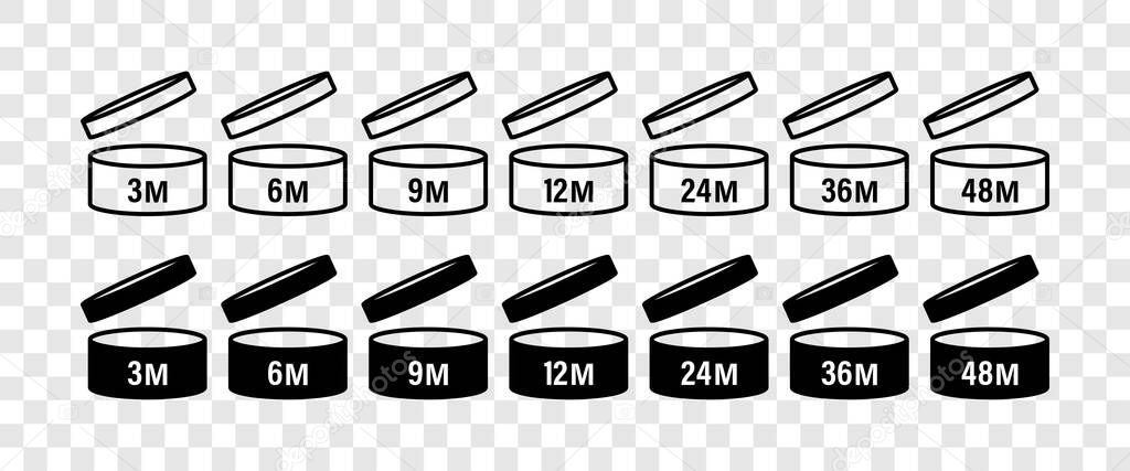 Pao signs. Pao icons. Cosmetic open month life shelf. Period after opening. Expiration period months PAO. Symbols set. Vector illustration