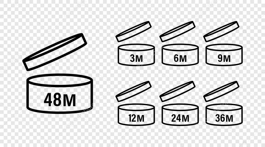 Pao signs. Pao icons. Cosmetic open month life shelf. Period after opening. Expiration period months PAO. Symbols set. Vector illustration