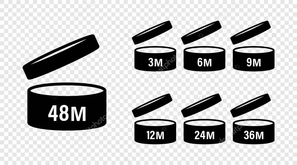 Pao signs. Pao icons. Cosmetic open month life shelf. Period after opening. Expiration period months PAO. Symbols set. Vector illustration