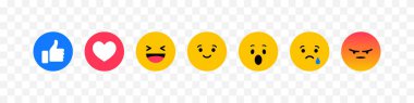 Facebook simgeleri. Duygu simgeleri vektör simgeleri. Sevgi ve kalple duygular. Sosyal medya için Emoji. Emoji simgeleri. Vektör illüstrasyonu