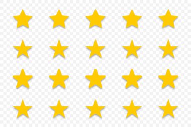 Yıldızlar. Yıldız vektör simgeleri. Yıldız koleksiyonu, şeffaf arkaplanda izole. Yıldız ikonu. Modern düz stil yıldızlar. Vektör illüstrasyonu