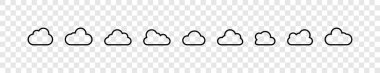 Bulutlar. Çizgi dizaynında bulut koleksiyonu. Bulut vektör simgeleri, izole. Bulut işaretleri. Panorama manzaralı. Üst üste bulut. Vektör illüstrasyonu