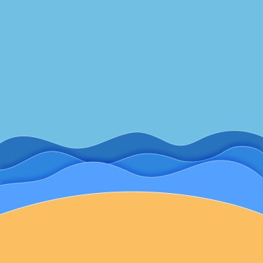 Deniz. Mavi gökyüzü arkaplanlı deniz dalgaları. Kağıt sanatı. Seyahat konsepti. Yaz sezonu. Yaz dönemi. Vektör illüstrasyonu