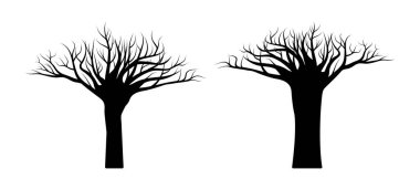 Ağaçlar. Kış ağaçları siluetleri. Doğa şablonu. Çıplak ağaçlar. Klip sanatı. Tırman. Vektör illüstrasyonu